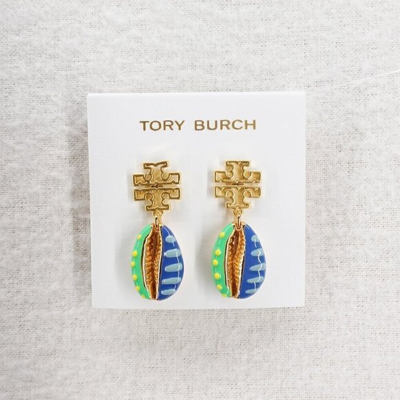 Tory Burch Jewelry - Tory Burch Women's Britten Enamel Shell Logo Drop Earrings Green OS